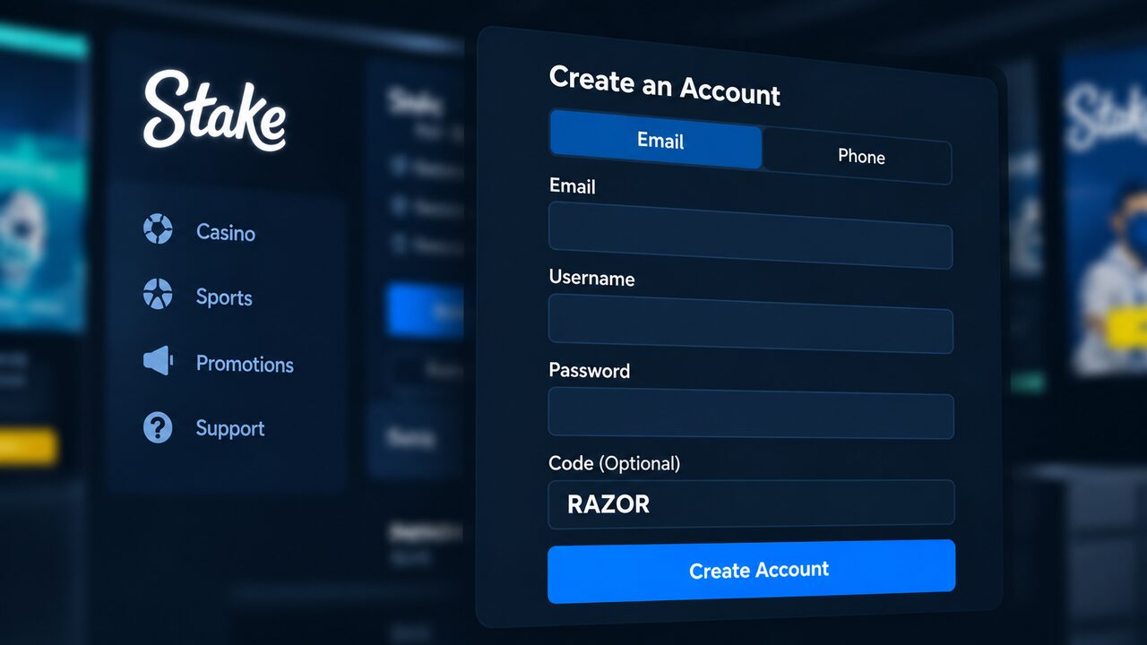 Preview of the Stake “Create an Account” form with RAZOR entered in Code (Optional)